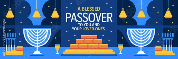 Fototapeta A festive Passover card featuring menorahs, matzah, candles, and wine glasses against a background of lights and stars, with the text "A Blessed Passover to You and Your Loved Ones."