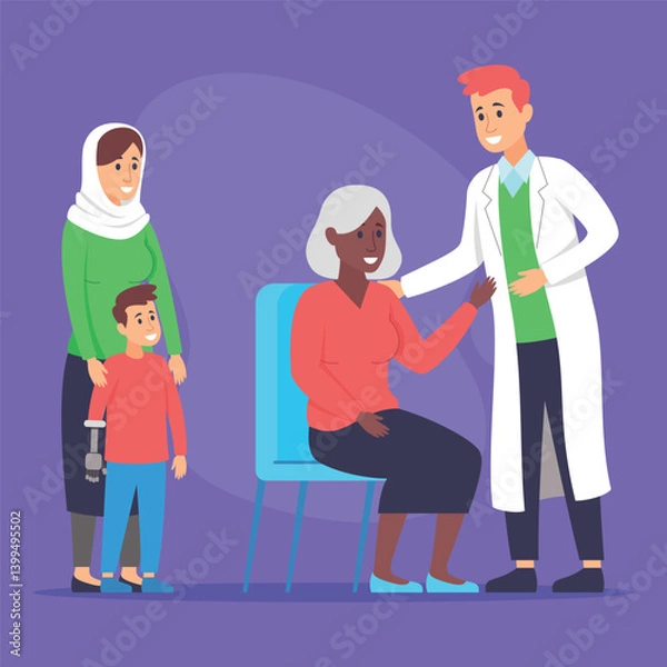 Fototapeta Doctor in white coat engaging with elderly patient seated in chair, while woman and boy with prosthetic arm standing nearby, creating supportive atmosphere