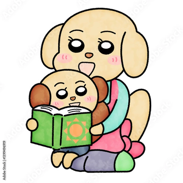 Obraz 園児と一緒に絵本を読んでいる犬保育士