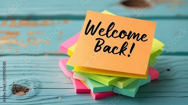 Fototapeta Vibrant post-it note with welcome back handwriting placed on colorful notes, conveying greeting, motivation, and organization in a cheerful work or school environment
