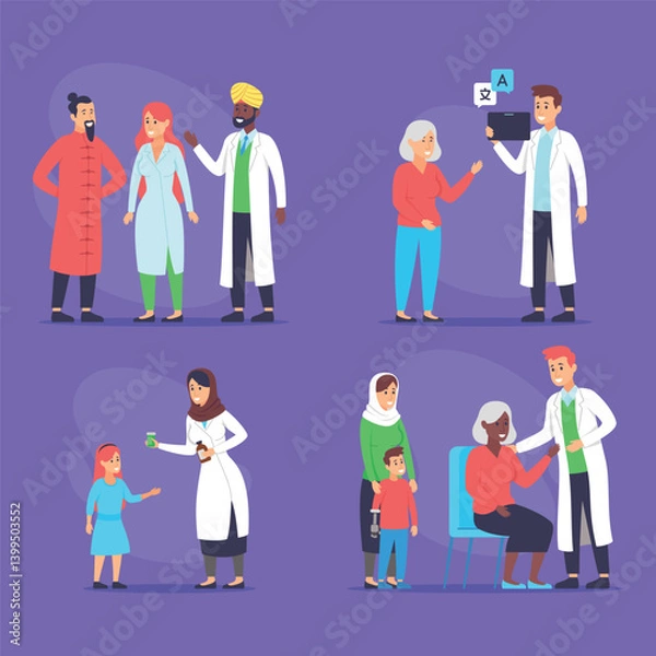 Fototapeta Group of healthcare professionals engaged with patients of various ages in vibrant setting. Doctors communicating with patients, emphasizing compassion and care in interactions