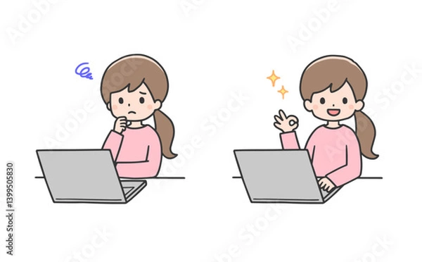 Obraz パソコンに向かい考えて解決する女性のセット