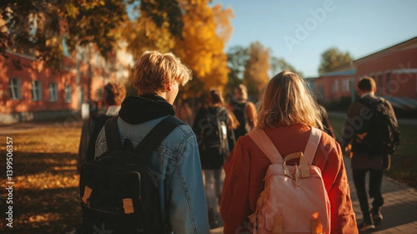 Fototapeta Students walking on campus during autumn with backpacks and fall foliage in the background view from behind