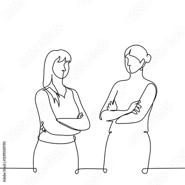 Fototapeta two women standing next to each other with arms crossed - one line art vector. concept rivals, quarrel, female audience, female leadership