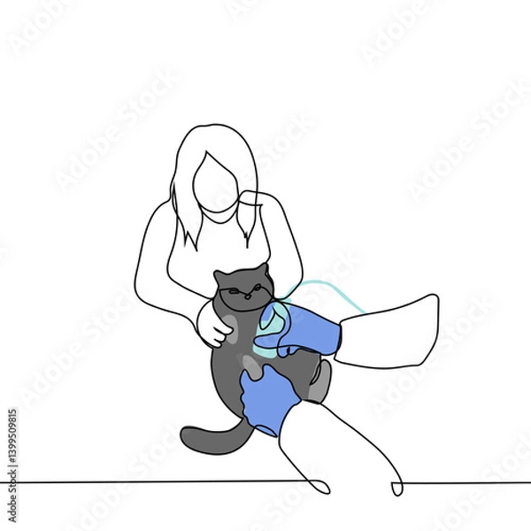 Fototapeta woman holding adult cat while vet hands doing belly ultrasound - one line art vector. ultrasound procedure, cat lady with pet at veterinary clinic