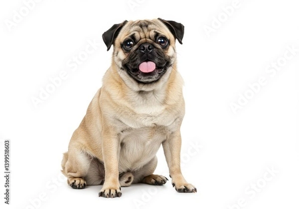 Fototapeta A pug sitting with its tongue out looking at the camera on a white background in a studio shot view