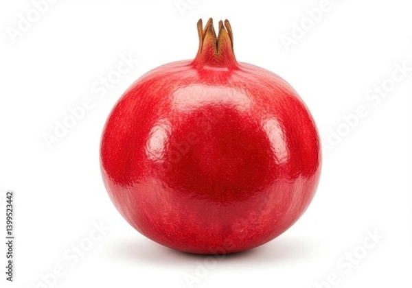 Fototapeta A single ripe red pomegranate fruit with a crown on a white background in a studio shot image view