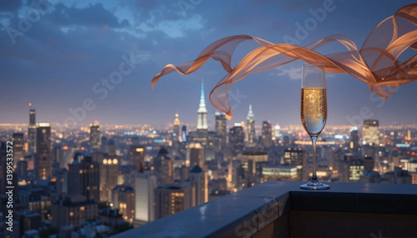 Fototapeta High-rise rooftop at midnight, city skyline glowing below, a champagne glass on the edge reflecting city lights, wind blowing a silk scarf off frame