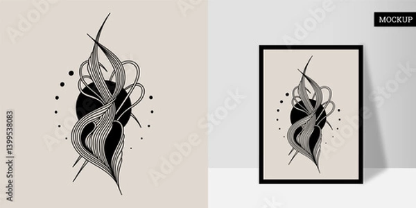 Fototapeta Wall art is hand-painted. Line art is black on a light background. Wavy lines with a circle. Poster with geometric shape. Vector illustration. Design for print card, cover, wallpaper, home decor.
