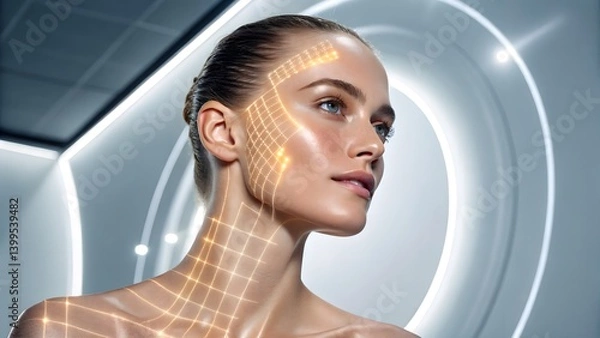 Fototapeta Cutting-edge beauty tech concept showing AI scanning a model’s face with radiant skin highlights. Ideal for premium skincare campaigns, tech-enhanced beauty ads, and luxury health diagnostics.