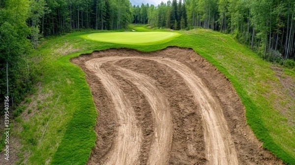 Fototapeta Muddy Golf Green With Wet Grass And Trees In Background