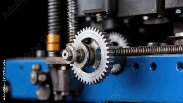 Obraz close up view of mechanical engine component showcasing intricate gears and precision engineering. image highlights complexity of machinery