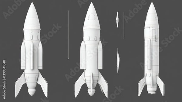 Fototapeta Multiple Angle View Of A Simple White Rocket