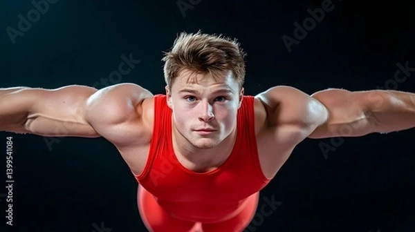 Fototapeta Muscular Gymnast In Red Leotard On Dark Background