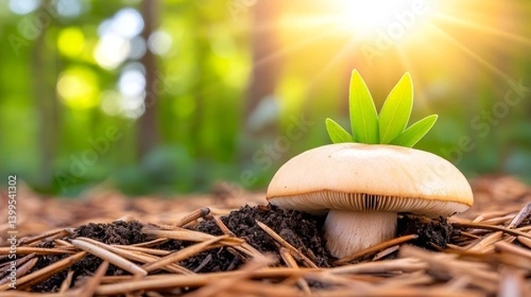 Fototapeta Mushroom with Green Leaves in Forest Sunlight
