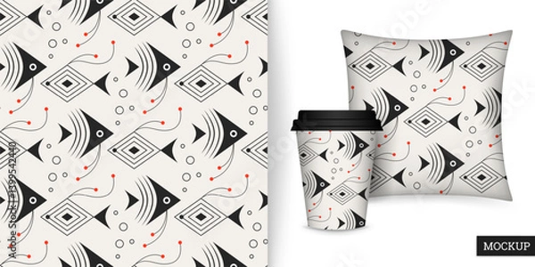 Fototapeta Seamless pattern with fishes. Abstract background with fish, made of geometric shapes in linear style. Repeating texture. Vector illustration. Design textile, paper, wallpaper, cloth. Mockup.
