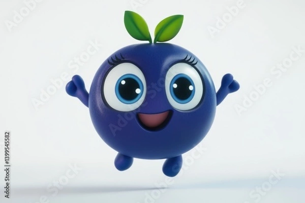 Fototapeta A joyful, 3D-rendered blueberry character with big eyes and a happy expression is shown jumping.