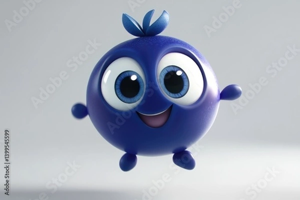 Fototapeta A cheerful, 3D-rendered blueberry character with big eyes and a happy expression, joyfully jumping.