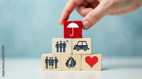 Fototapeta Hand holding umbrella wood block cover Insurance icon,top of wooden blocks that represent different forms of insurance, such as health, family, and car protection.