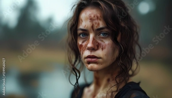 Fototapeta Survival struggle young woman in wilderness portrait intense mood dramatic setting close-up perspective