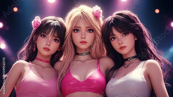 Fototapeta Virtual stage three stylish characters highlighting modern fashion trends through digital art