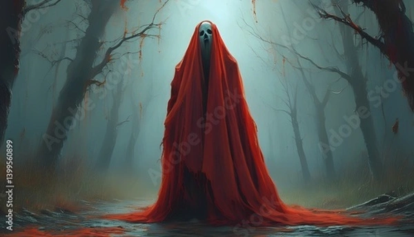 Fototapeta Mysterious figure haunts foggy forest eerie atmosphere captured horror art surreal environment dark concept