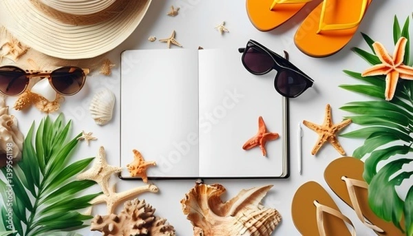 Fototapeta Summer holiday essentials beach vibes with sunglasses seashells and flip flops tropical getaway flat lay relaxation