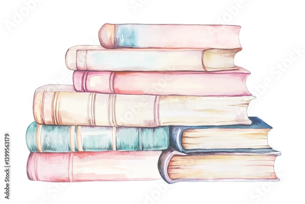 Fototapeta stack of watercolor-painted books in soft pastel colors showcasing their spines and pages conveying a sense of calm and inviting exploration of literature