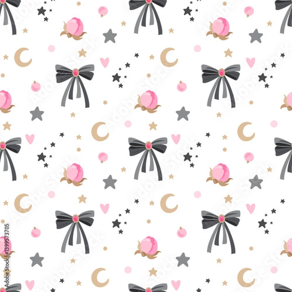 Fototapeta Seamless pattern with cute bows, flowers and romantic elements. Print on baby bedding, clothes and wrapping paper.