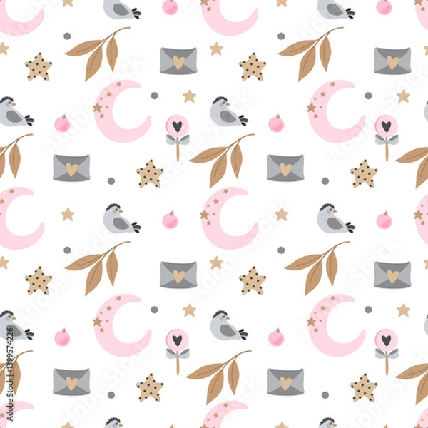 Fototapeta Seamless pattern with cute bird, romantic letter and other elements. Vector texture for textile, wrapping paper, wallpaper, t-shirt print