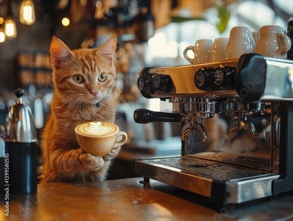 Fototapeta A cat barista skillfully holds a latte, showcasing delicate latte art, alongside professional coffee brewing equipment in a cozy cafe setting.