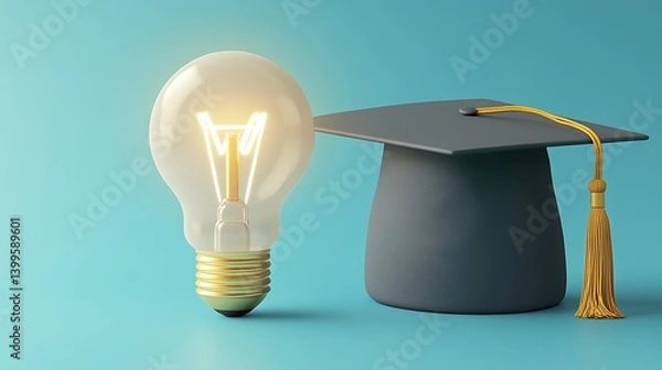 Fototapeta Illuminating Education.  A glowing lightbulb next to a graduation cap symbolizes innovative learning
