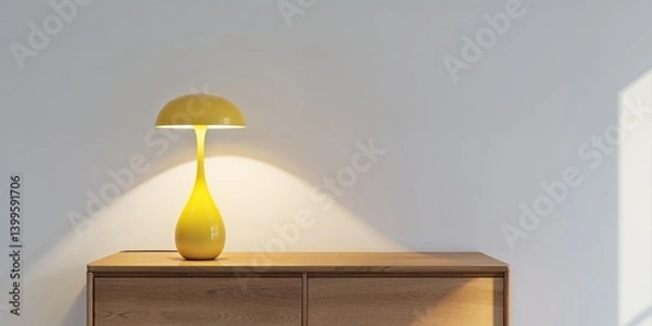 Obraz A wooden dresser with a yellow lamp on top.