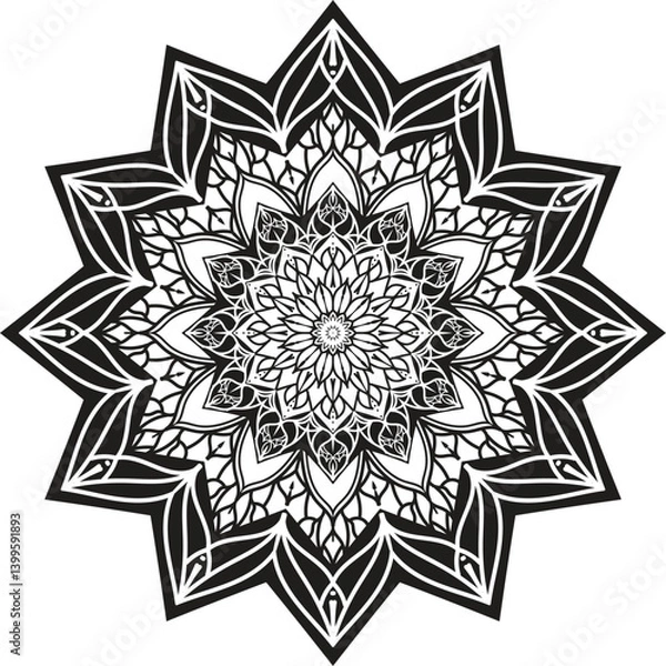 Fototapeta Intricate Black and White Mandala Design with Floral and Geometric Patterns