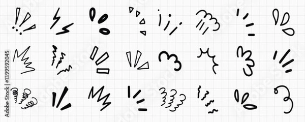 Fototapeta A collection of black hand-drawn doodles on graph paper. Includes exclamation marks, arrows, and squiggles vector set