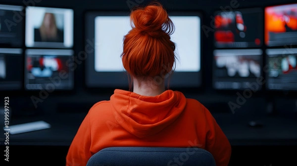 Fototapeta Woman with Red Bun in Orange Hoodie Working at a Multi-Screen Workstation