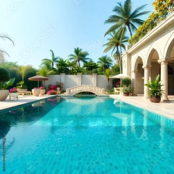Fototapeta tropical resort, summer vibes, poolside fun, palm trees, sunny day, relaxing getaway, clear blue water, elegant bridge, vacation mo