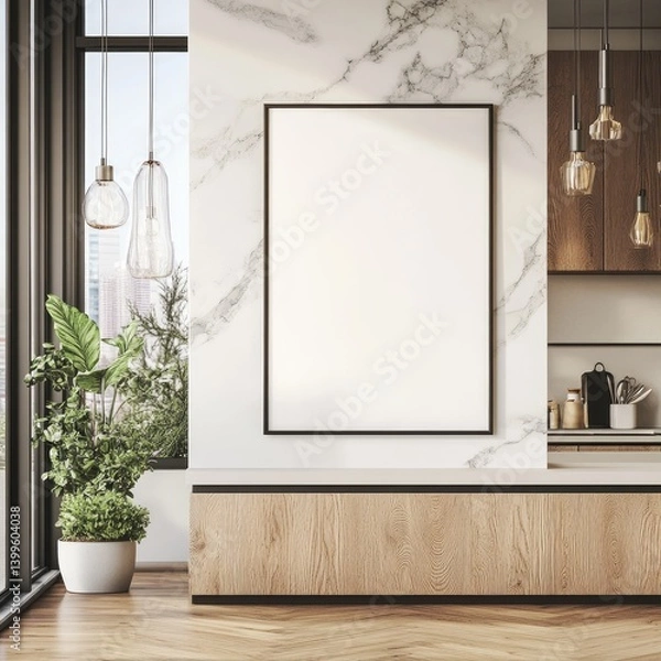 Fototapeta Modern kitchen interior with blank art display.  Sleek design, natural light, and stylish decor