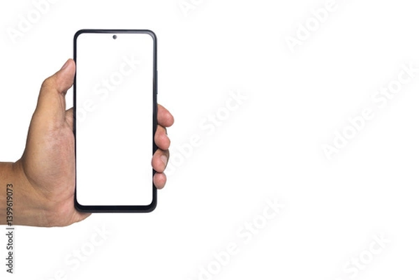 Fototapeta male hand holding smartphone with blank screen smartphone. isolated on white background. copy space. transparent png