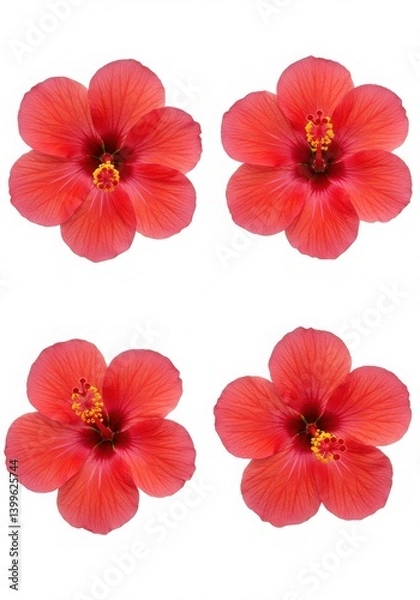 Obraz Bright red hibiscus flowers displayed in four corners on a plain white background in bloom
