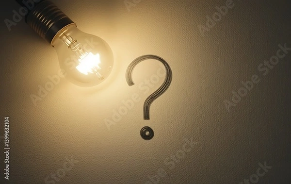 Fototapeta A glowing light bulb with a bright yellow filament shaped like a question mark, set against a dark background, symbolizing curiosity and innovative thinking.