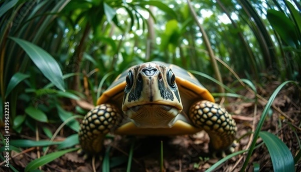 Fototapeta A hyper-realistic, close-up front view, animal selfie, symmetrical close-up shot of turtle in a jungle captured through an anamorphic lens.