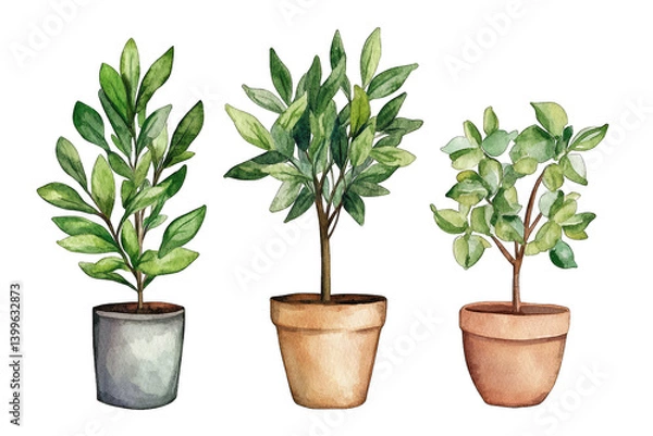 Fototapeta a watercolor illustration featuring three potted plants with varying leaf shapes and colors showcasing natural beauty and the calming presence of greenery in indoor spaces