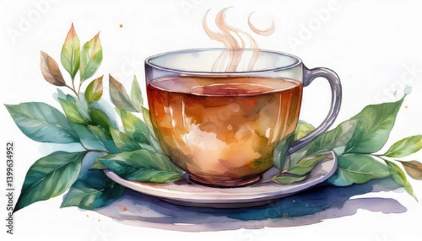 Obraz beautiful watercolor painting of steaming cup of tea surrounded by vibrant green leaves creates calming atmosphere. warm tones of tea invite relaxation and comfort