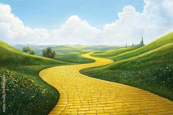 Obraz Walking the Yellow Brick Road Through Emerald Green Fields Illustration