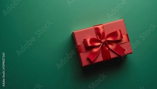 Fototapeta red gift box with satin ribbon on green background in minimalist festive style