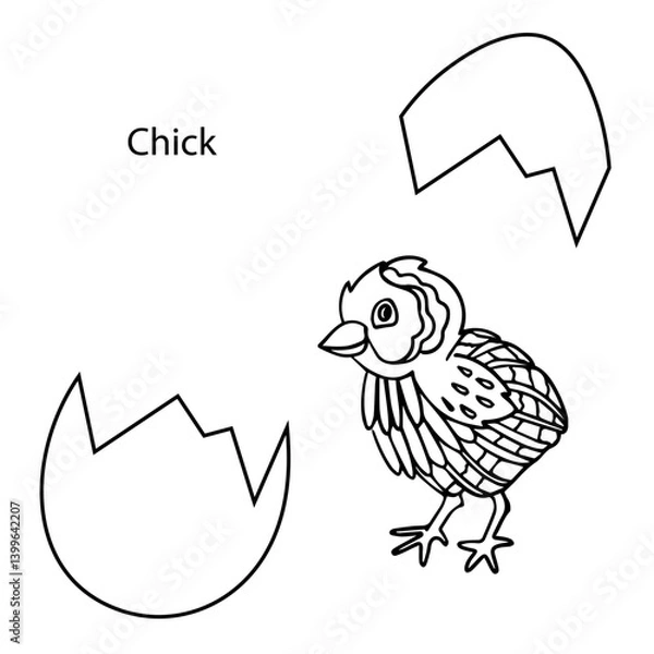 Fototapeta A chicken hatched from an egg, hand-drawn. Linear black and white vector illustration for coloring
