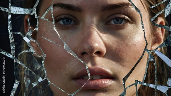 Fototapeta A woman's face seen through broken glass, symbolizing trauma and the journey to healing