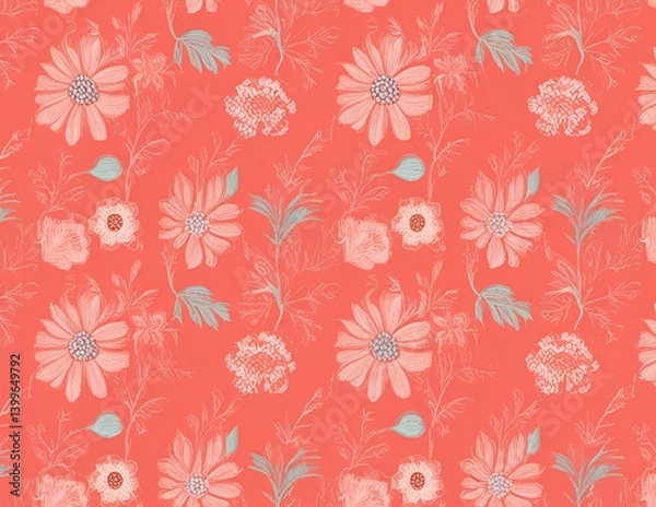 Obraz Coral Flowers with Light Teal AI Art Pattern