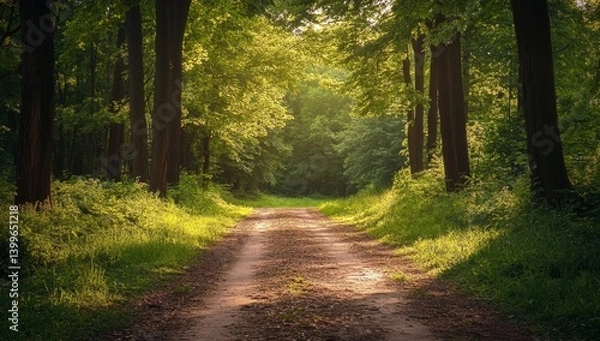 Fototapeta Sunlight filters through a tranquil forest path. Lush greenery surrounds a dirt road, bathed in golden light